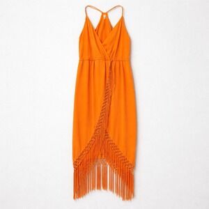 Magic‎ Orange Peach Fringe Hem Wrap Front Midi Dress Boho Festival Summer Sz M